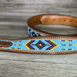 Tony Lama Turquoise Beaded Leather Belt with Yellow & Black Accents